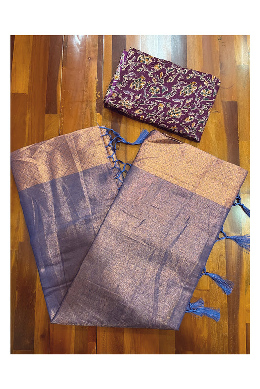 Southloom Violet Tissue Plain Saree with Kalamkari Printed Blouse Piece
