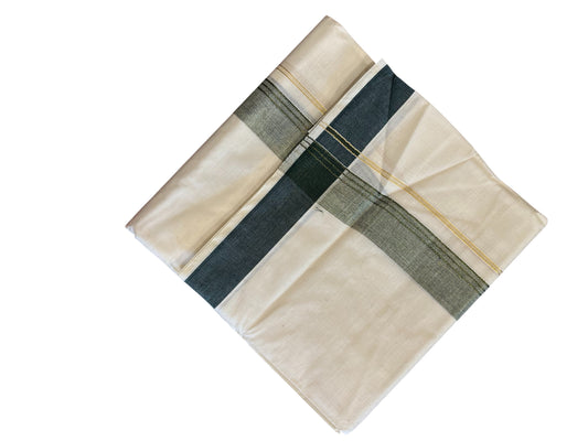 Southloom Pure Cotton Mundu with Green Lines and Green Border (South Indian Kerala Dhoti)