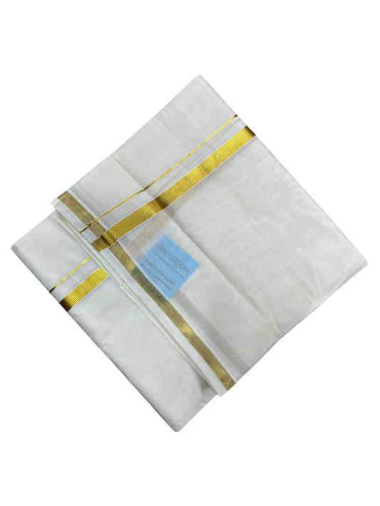 Southloom Kerala Pure Cotton Double Mundu with Gold Kasavu Border (South Indian Dhoti)