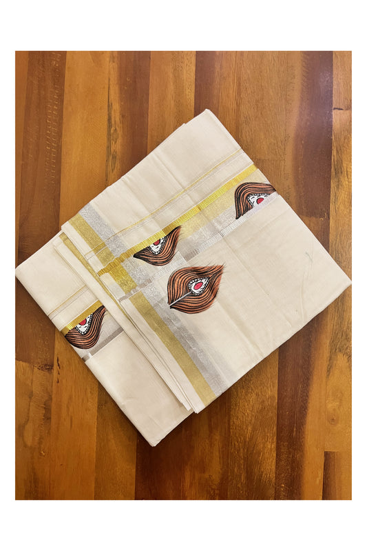 Off White Kerala Cotton Double Mundu with Feather Hand Painted Designs on Silver and Golden Kasavu Border (Vishu 2024 Collection)