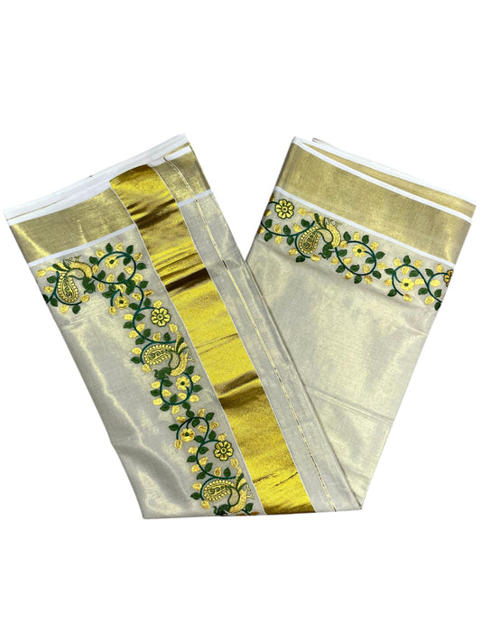 Southloom Kerala Tissue Kasavu Saree with Green And Golden Peacock Embroidery Works