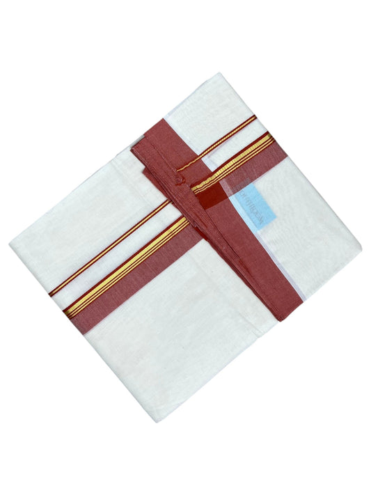 Southloom Pure Cotton Mundu with Gold Lines and Brike Red Border (South Indian Kerala Dhoti)