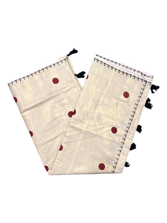 Southloom Kerala Tissue Kasavu Saree With Maroon Polka Dots on Body
