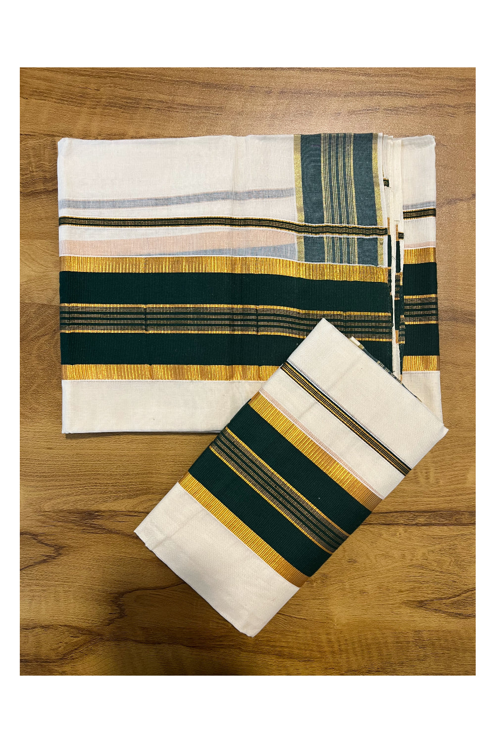 Kerala Cotton Set Mundu (Mundum Neriyathum) with Kasavu and Dark Green Border