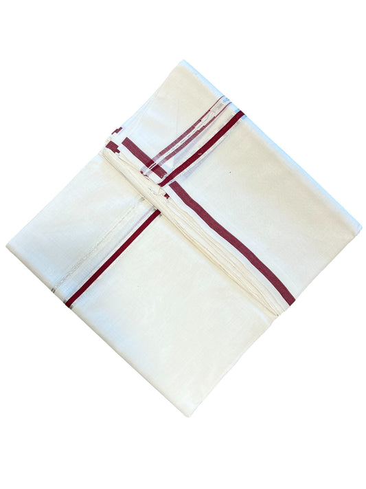 Southloom Premium Handloom Cotton Double Mundu with Silver and Red Chutti Kara Border