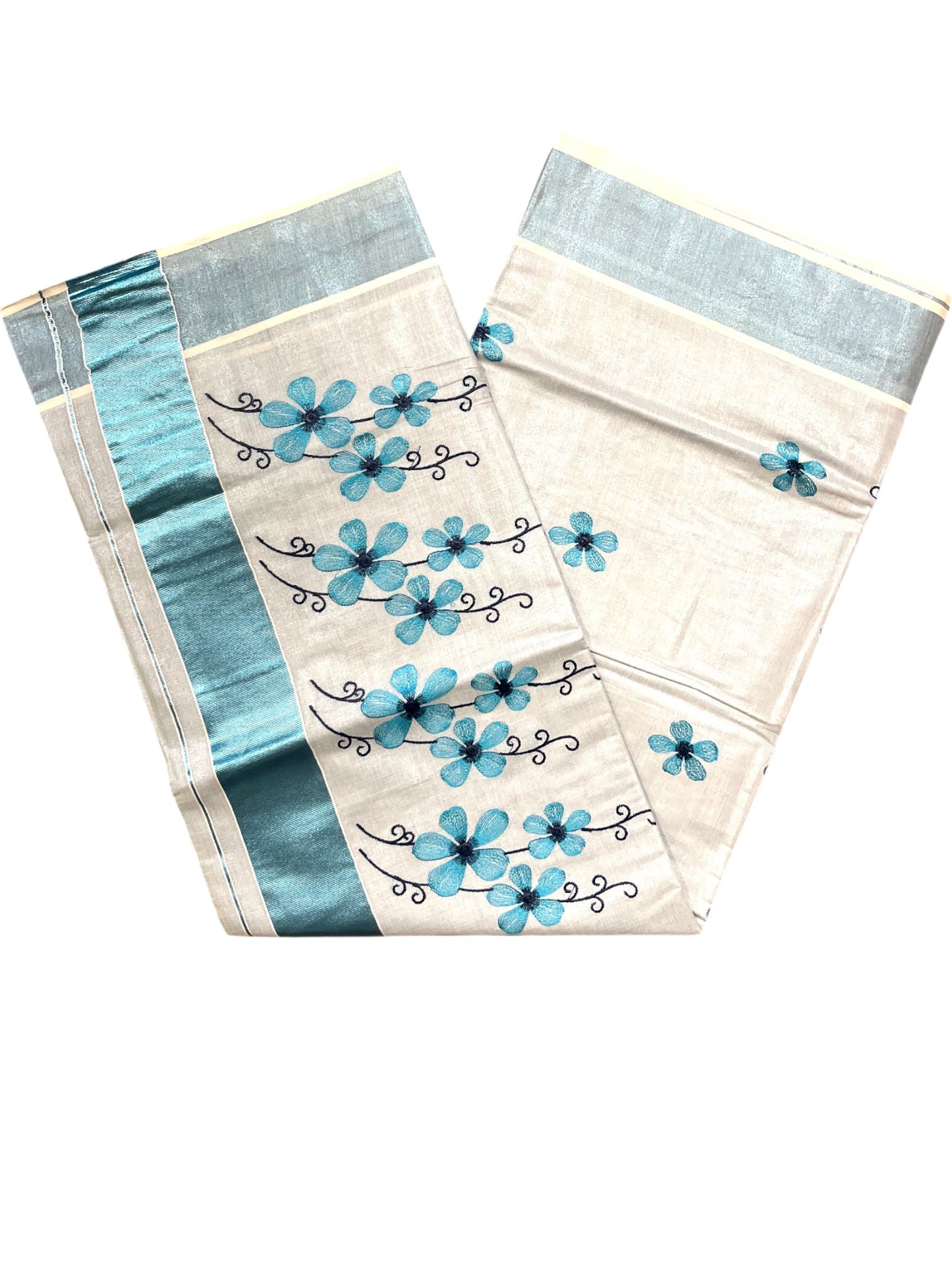 Southloom Kerala Tissue Kasavu Saree with Blue Floral Embroidery on Body and Border