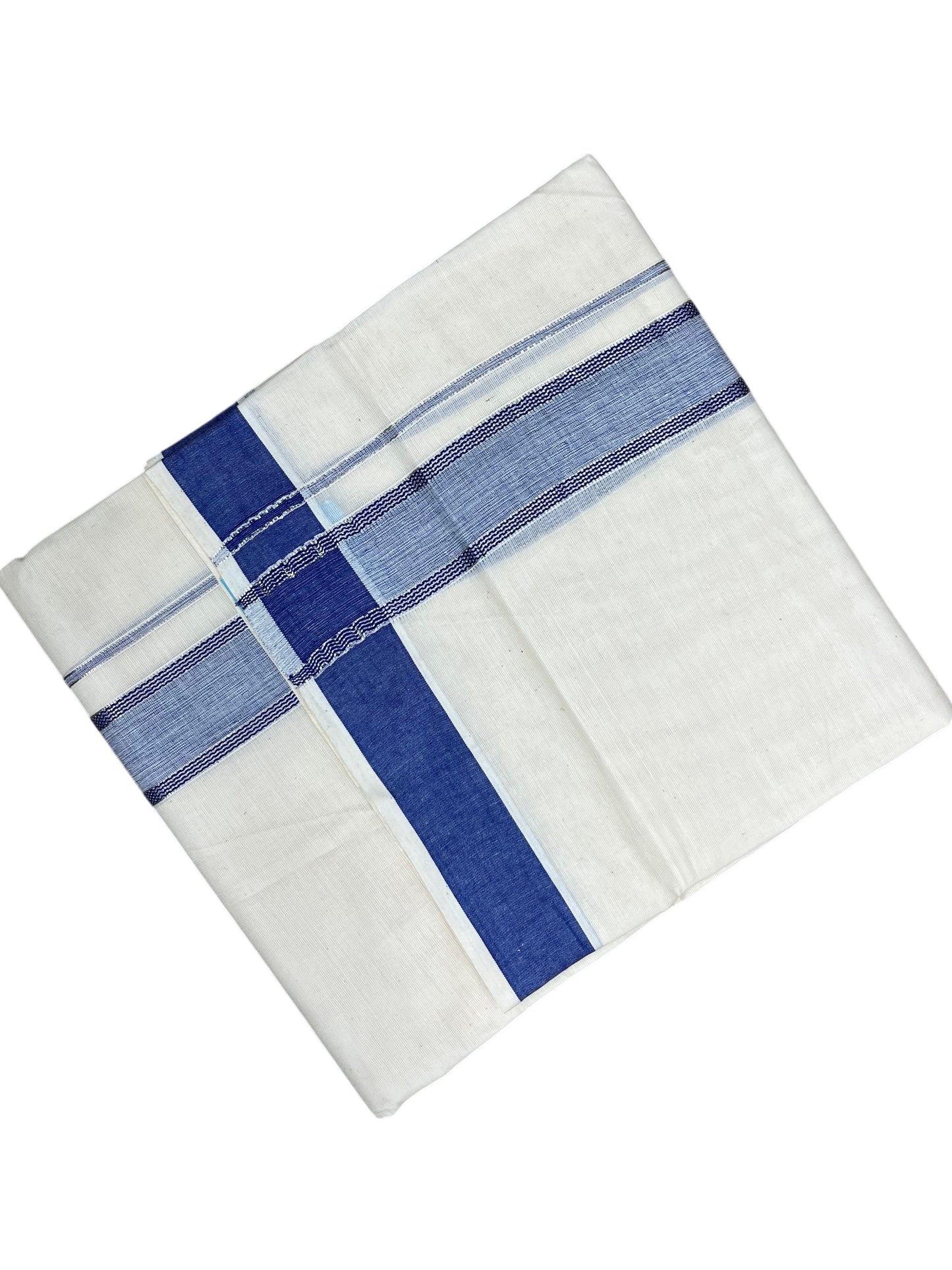 Southloom Kerala Pure Cotton Double Mundu with Silver Lines and Blue Border with (South Indian Dhoti)