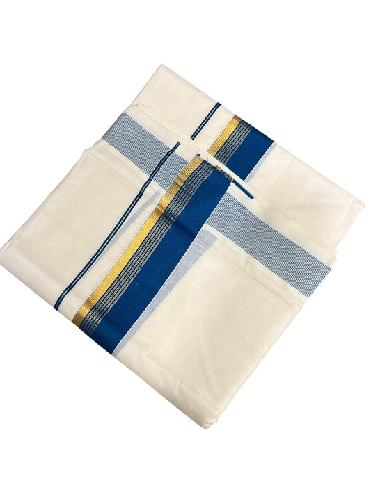 Southloom Kerala Pure Cotton Double Mundu with Gold Lines & Blue Border (South Indian Dhoti)