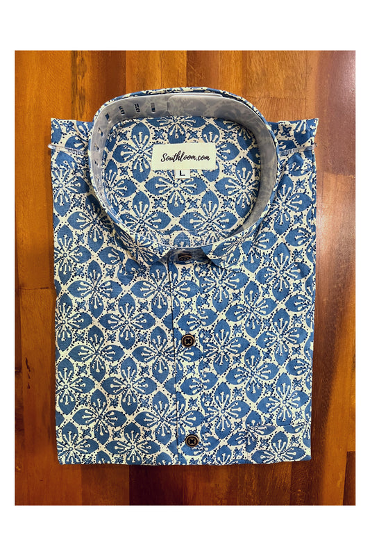 Southloom Jaipur Cotton Hand Block Printed Blue Shirt (Full Sleeves)