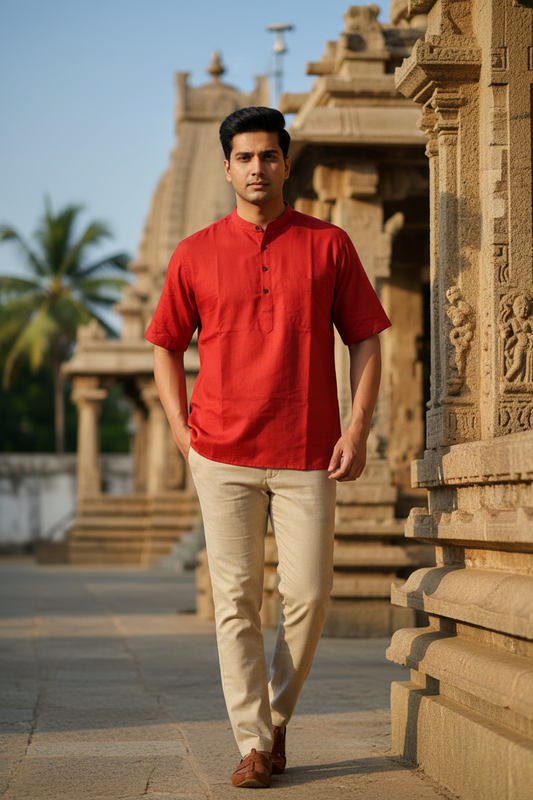 Southloom Red Short Cotton Kurta Shirt for Men