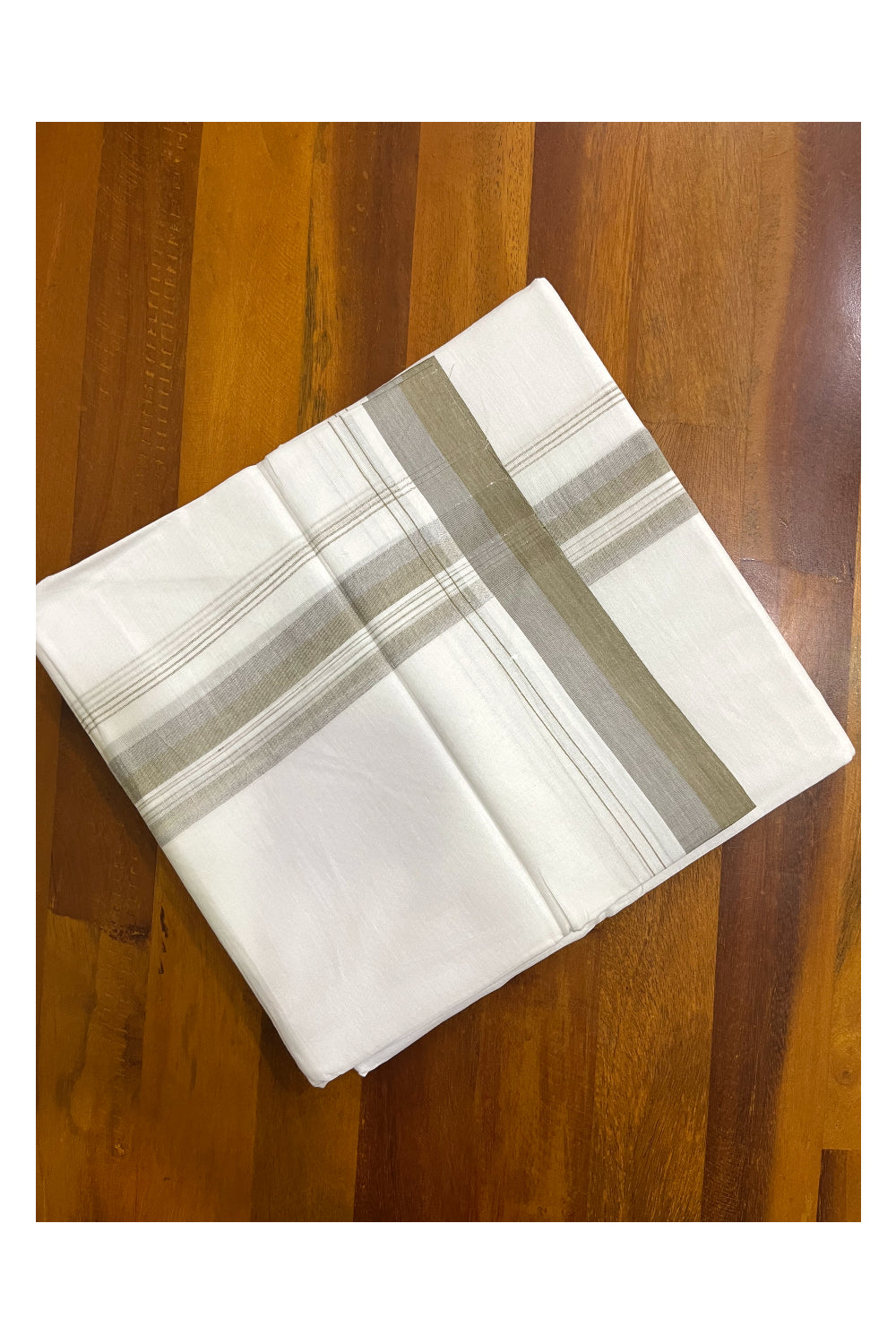 Pure White Cotton Kerala Double Mundu with Greenish Grey Border (South Indian Kerala Dhoti)