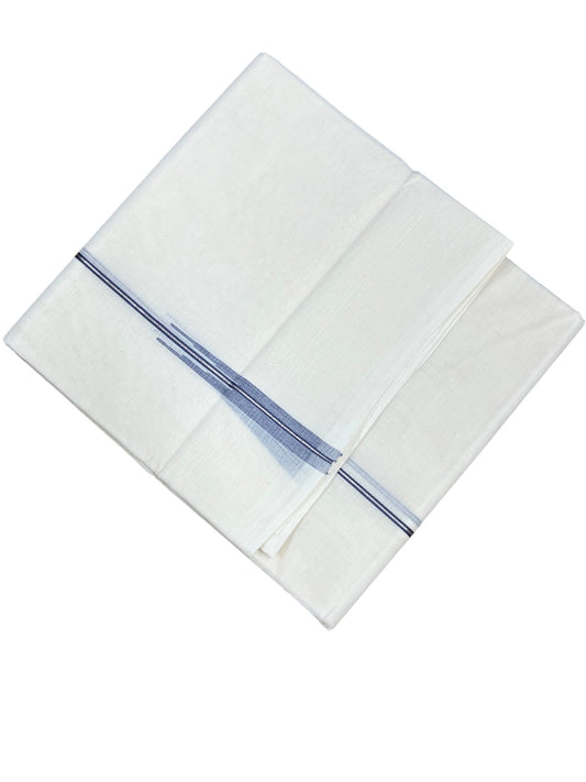 Kerala Pure Cotton Double Mundu with Blue And Silver Chutti Kara (South Indian Kerala Dhoti)
