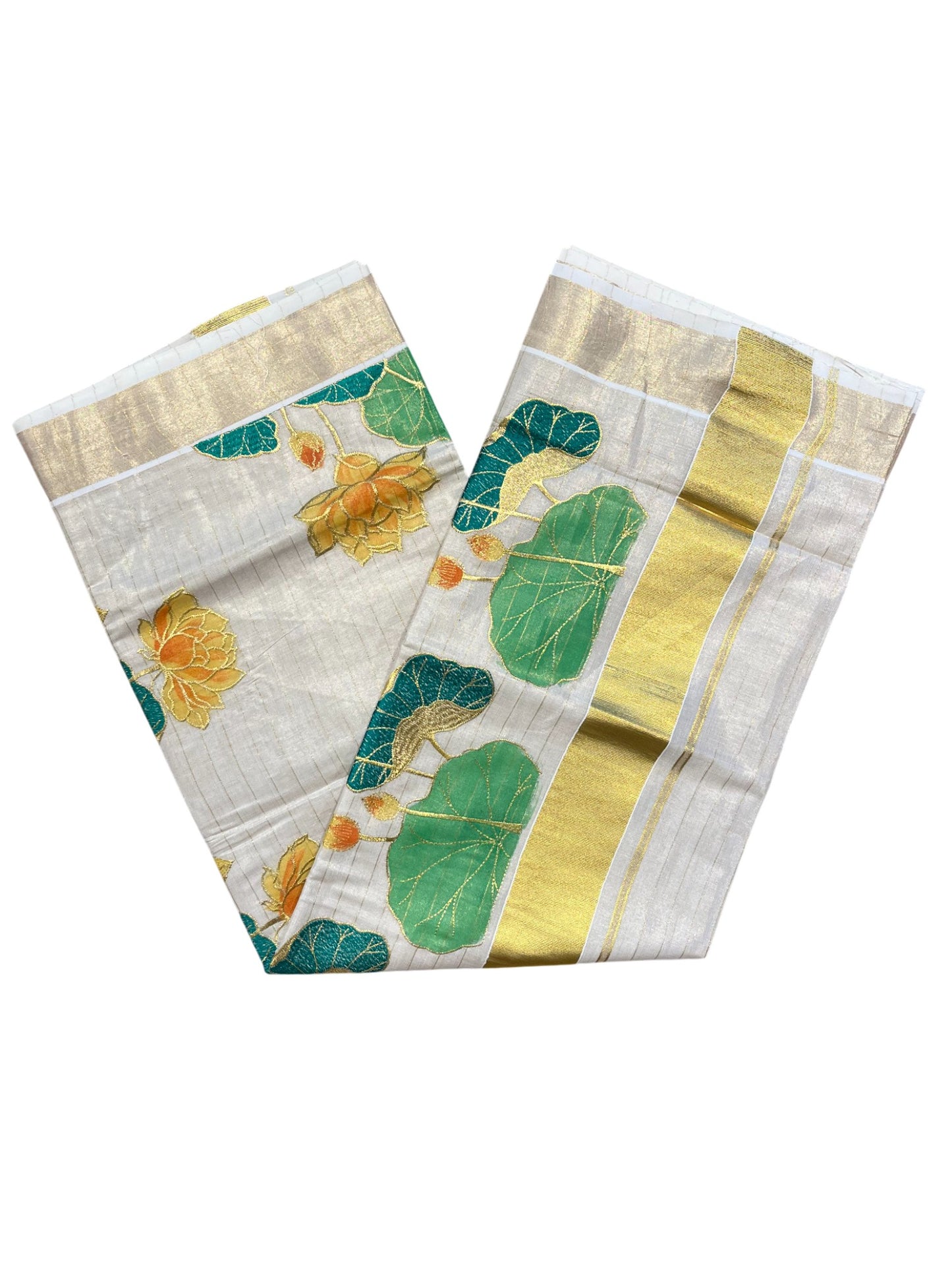 Southloom Tissue Kerala Kasavu Saree with Hand Painted Embroidery Lotus Design