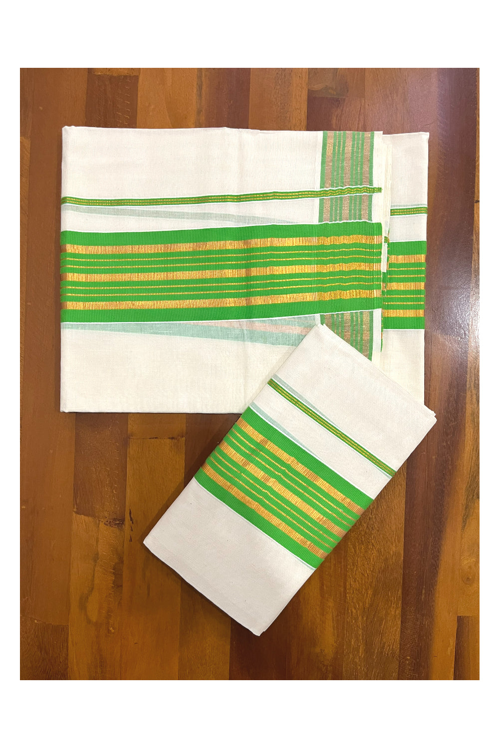 Pure Cotton Kerala Single Set Mundu (Mundum Neriyathum) with Light Green and Kasavu Border