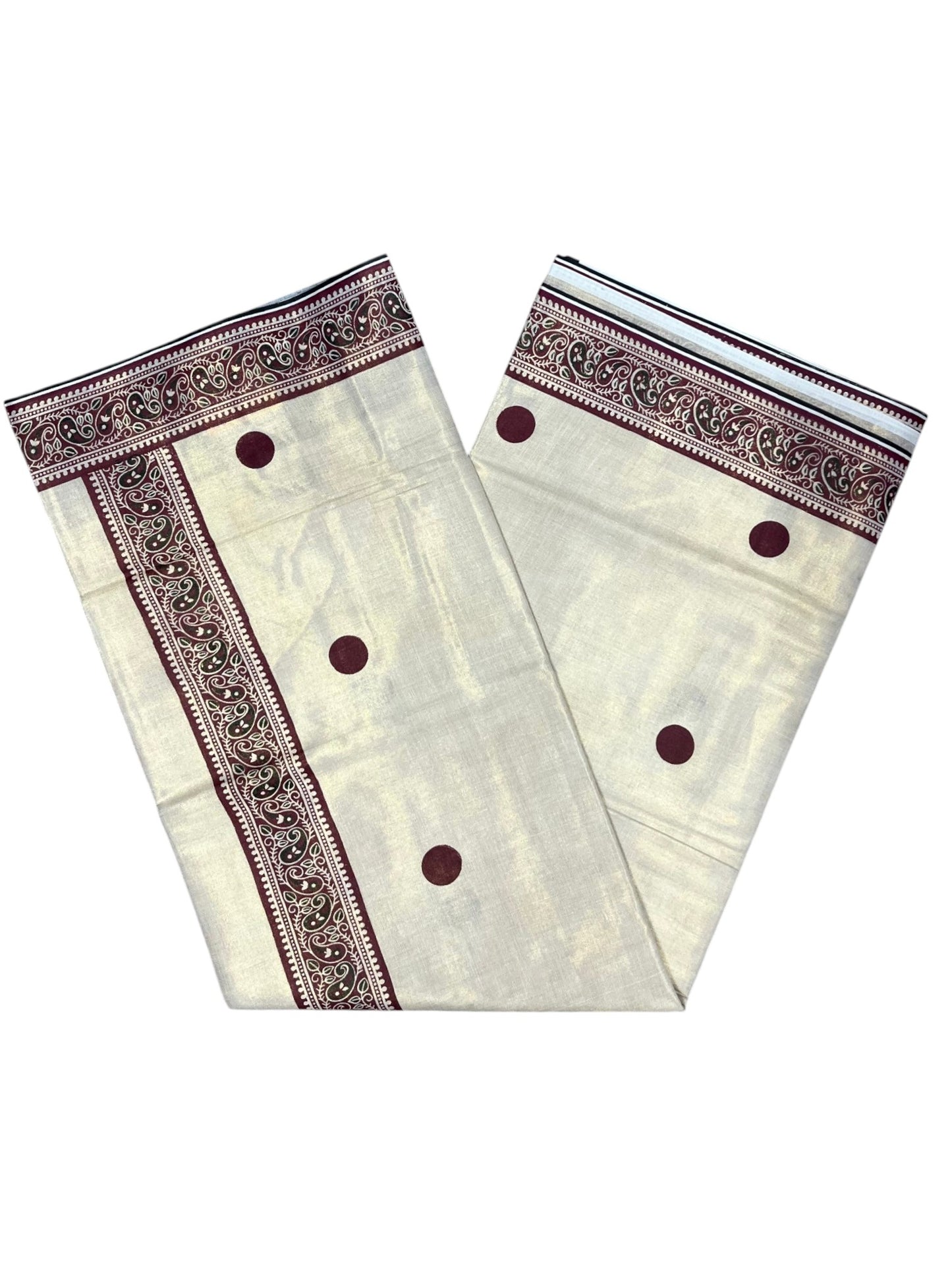 Southloom Kerala Tissue Plain Saree With Maroon Polk Dots on Body and Floral Digital Prints in Borders