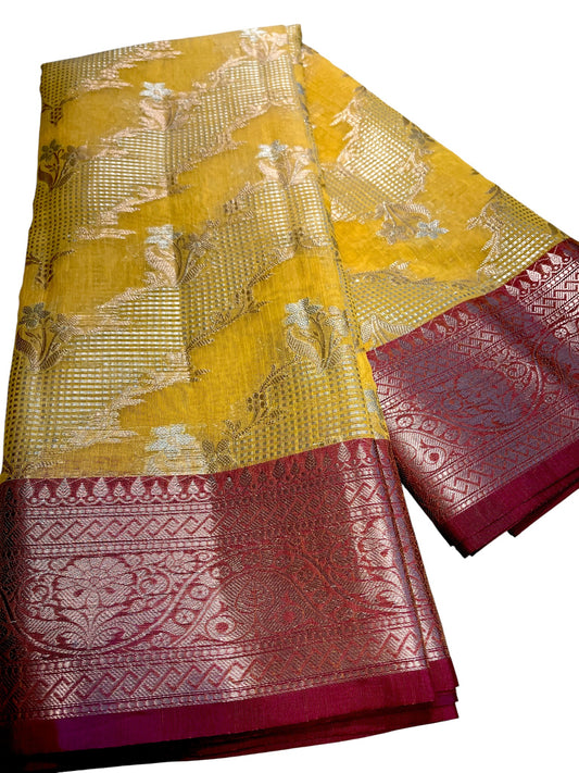 Southloom Tissue Banarasi Silk Saree with Woven Work on Body and Borders (Yellow & Magenta)
