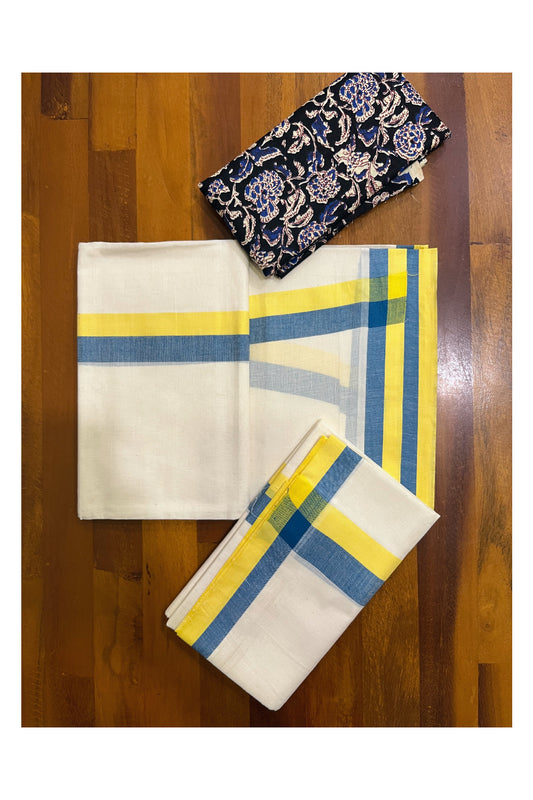 Southloom Mulloth Soft Cotton Blue Yellow Border Set Mundu with Jaipur Printed Blouse Piece (2.60 M Neriyathu / Blouse 1 Meter)