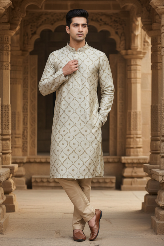 Southloom Semi Silk Short Kurta for Men in White Colour