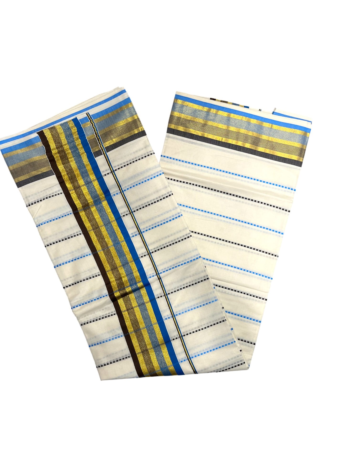 Southloom Cotton Kasavu Saree with Blue and Brown Thread Work Across Body