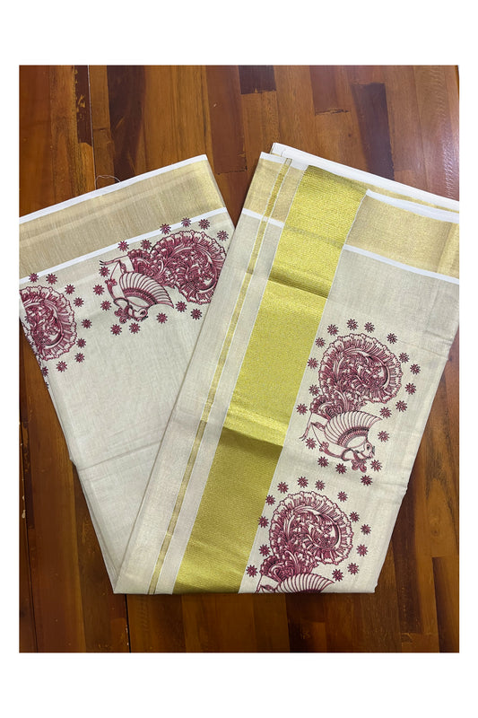 Kerala Tissue Kasavu Saree with Pink Peacock Block Printed Designs