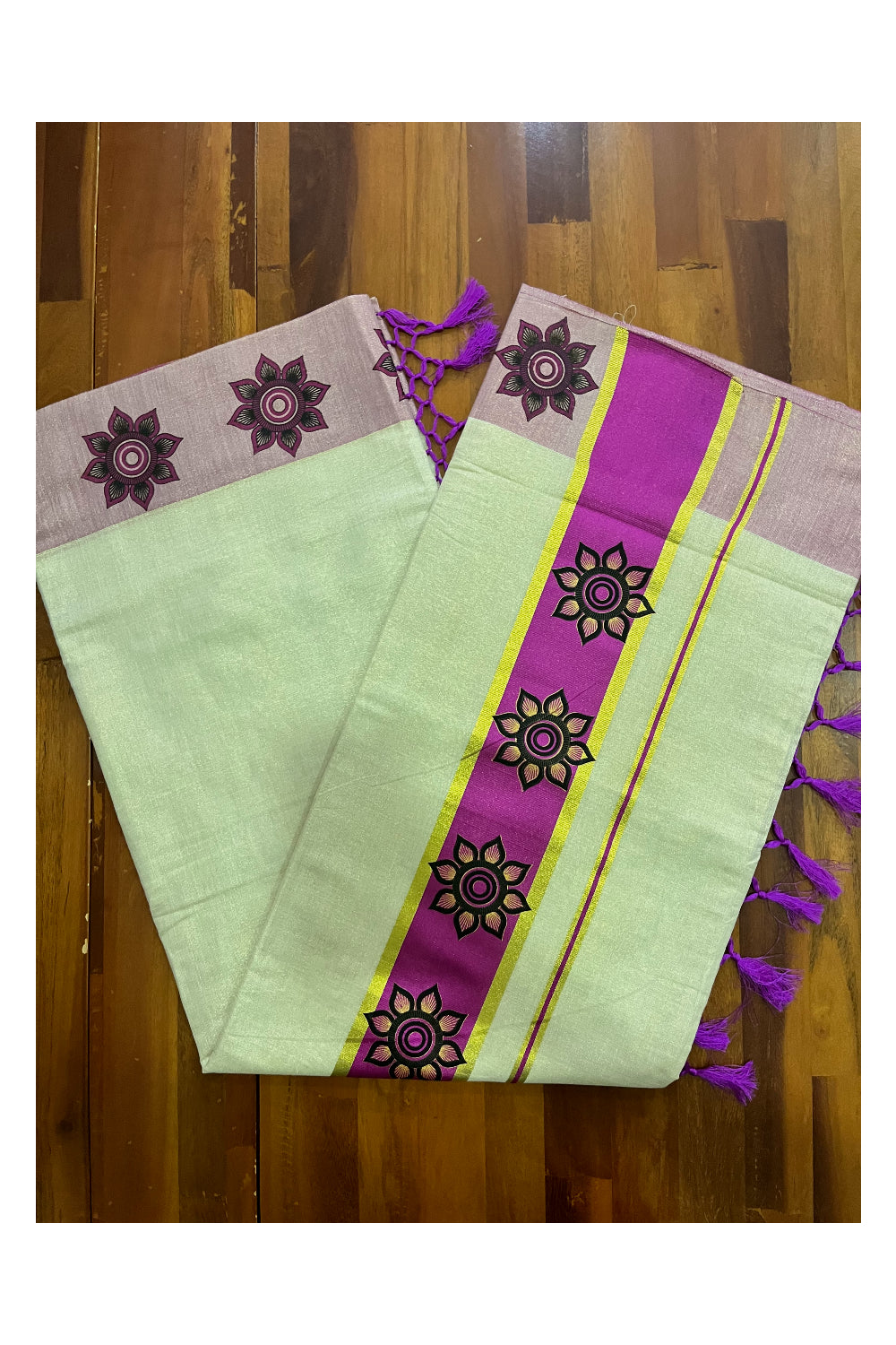 Kerala Tissue Kasavu Saree with Floral Block Prints in Magenta Border