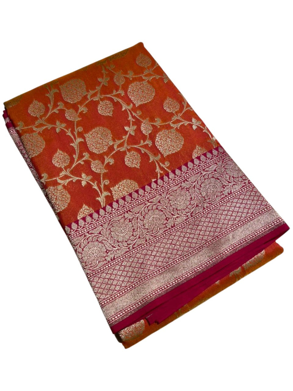 Southloom Pure Banarasi Silk Saree with Woven Work on Body and Borders ( Orange And Magenta)
