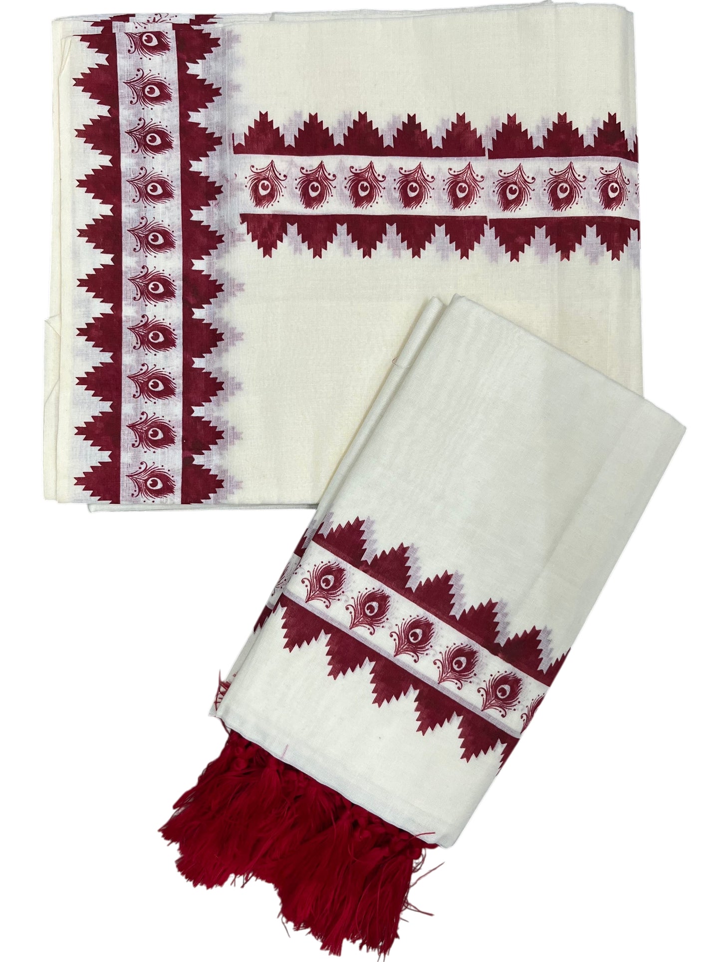 Southloom Cotton Single Set Mundu (Mundu Neriyathum) Red Printed Border With Tussles in 2.80 Mtrs