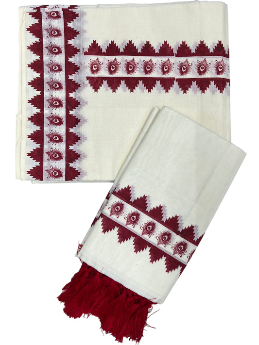 Southloom Cotton Single Set Mundu (Mundu Neriyathum) Red Printed Border With Tussles in 2.80 Mtrs