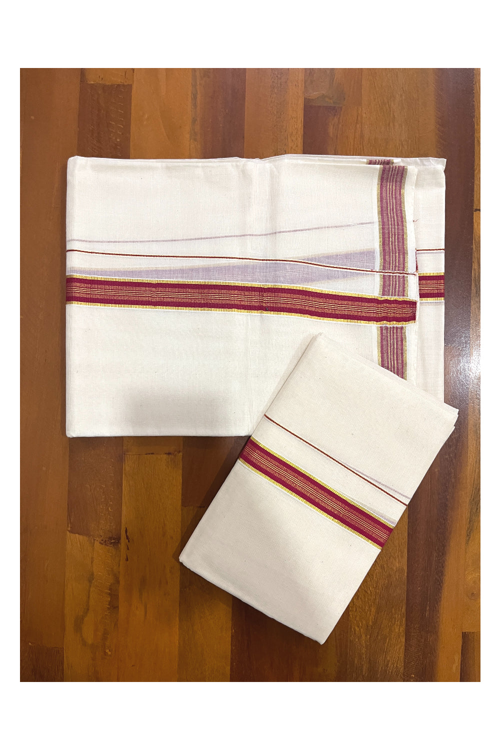 Pure Cotton Kerala Single Set Mundu (Mundum Neriyathum) with Red and Kasavu Border