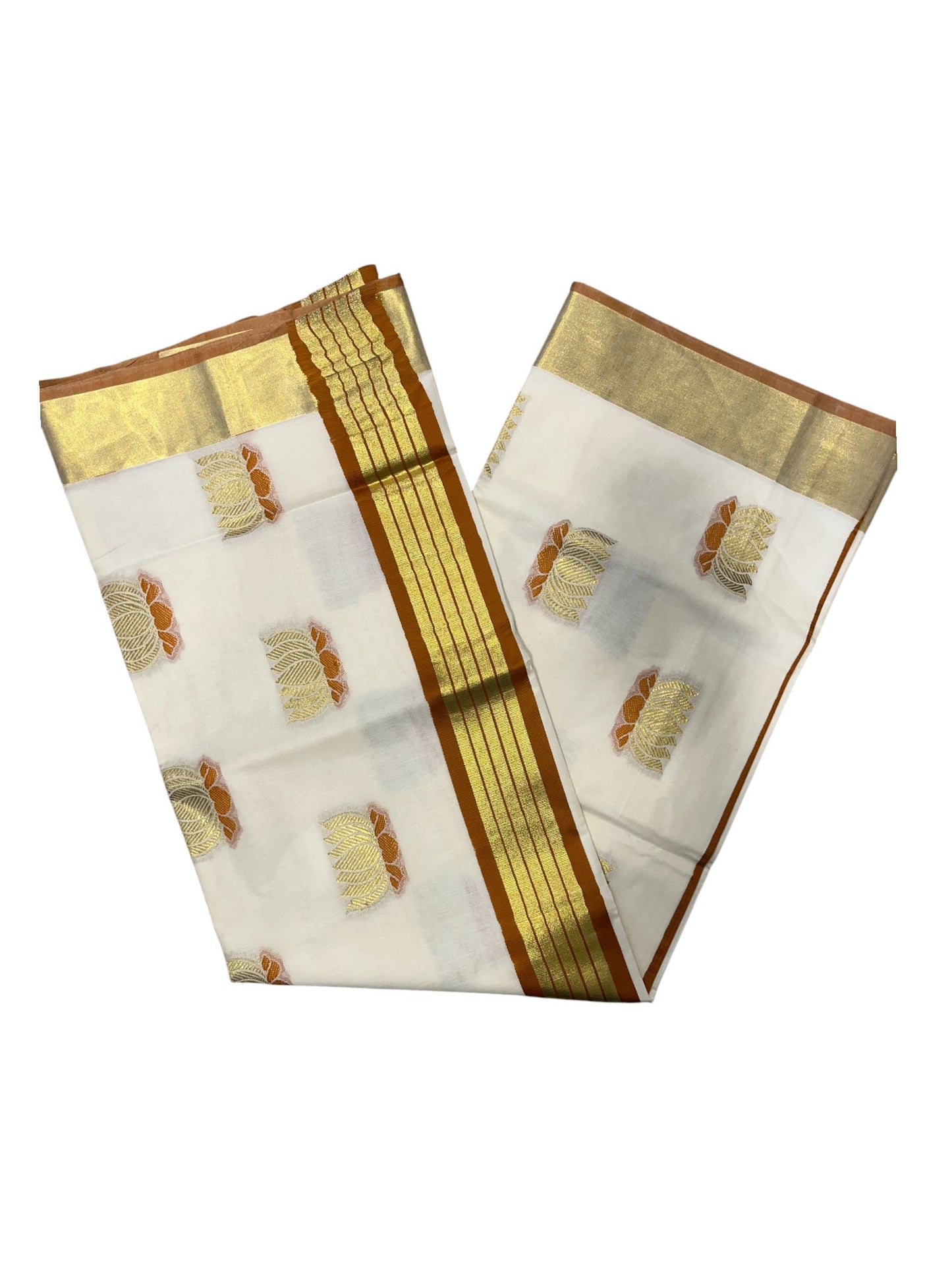 Southloom Kerala Cotton Kasavu Saree with Lotus Woven Work in Yellow