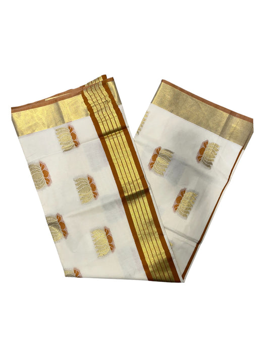 Southloom Kerala Cotton Kasavu Saree with Lotus Woven Work in Yellow