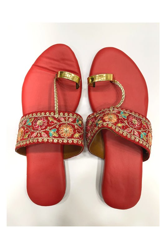 Southloom Jaipur Handmade Embroidered Red Sandals