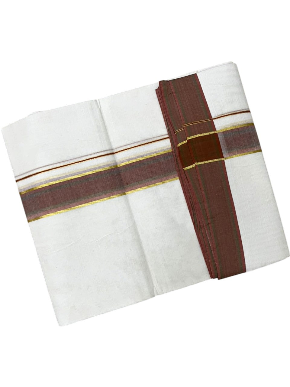Southloom Pure Cotton Mundu with Siver Lines and Brown Border (South Indian Kerala Dhoti)