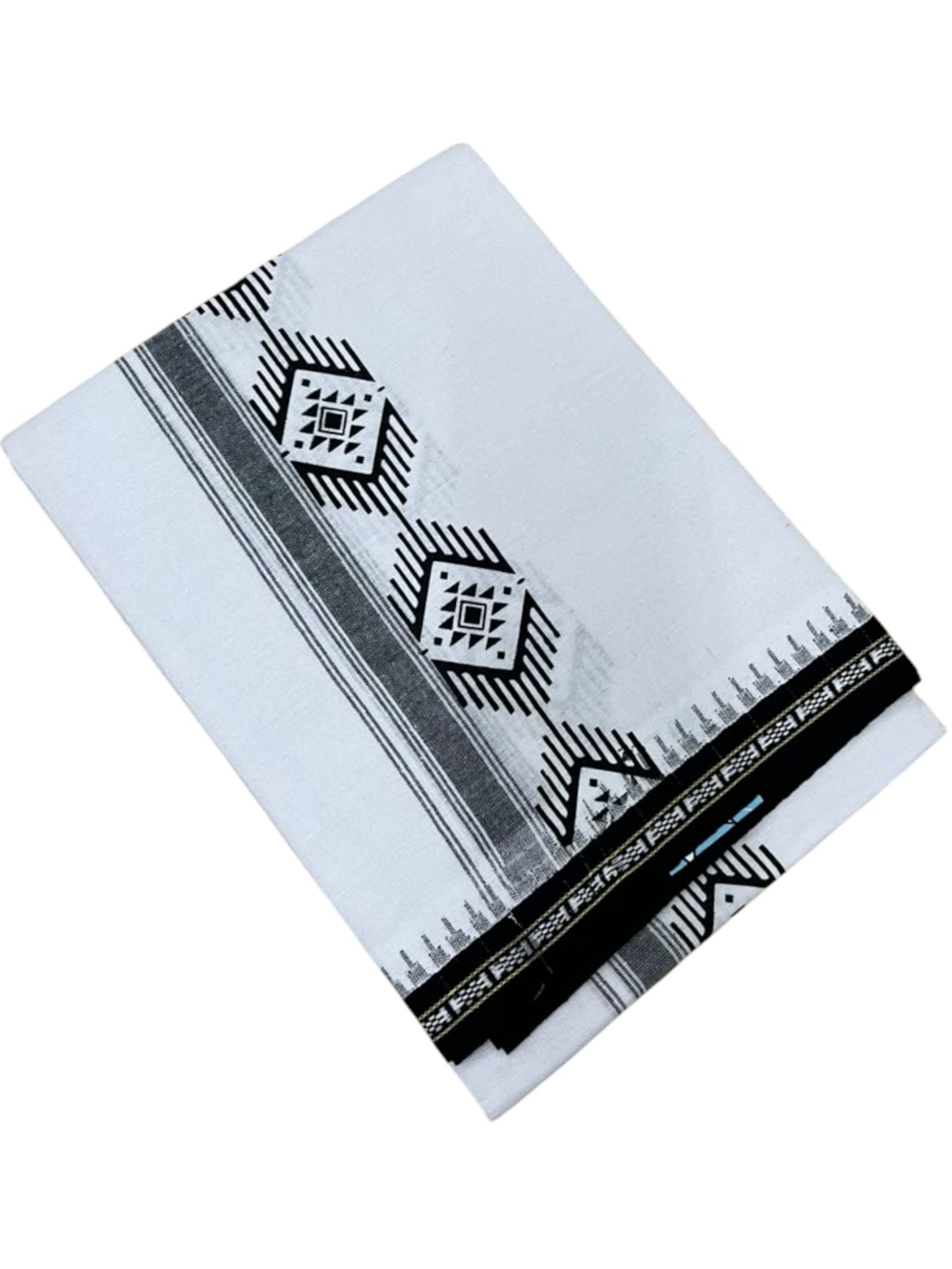 Southloom White Black Printed Single Mundu / Otta Mundu / Lungi (South Indian Kerala Dhoti) SL622