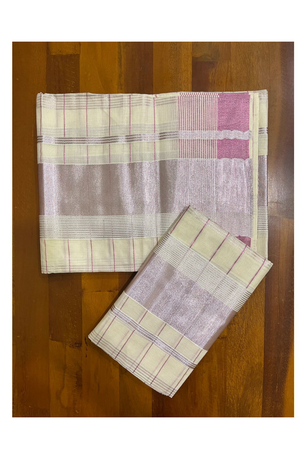 Kerala Cotton Set Mundu (Mundum Neriyathum) with Rose Copper Kasavu Checks Across Body 2.80 Mtrs