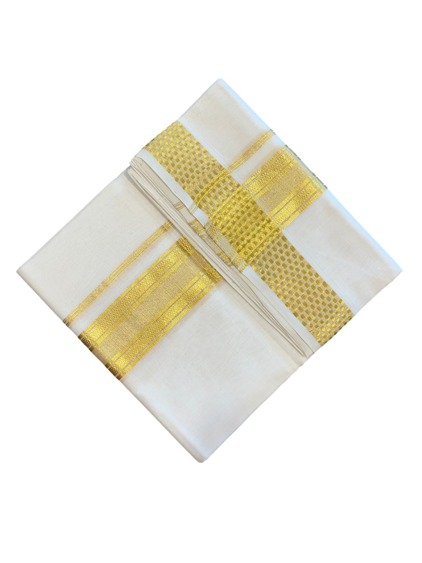 Southloom Premium Handloom Cotton Gold Kasavu Double Mundu with Gold Lines and Paa Neythu Border