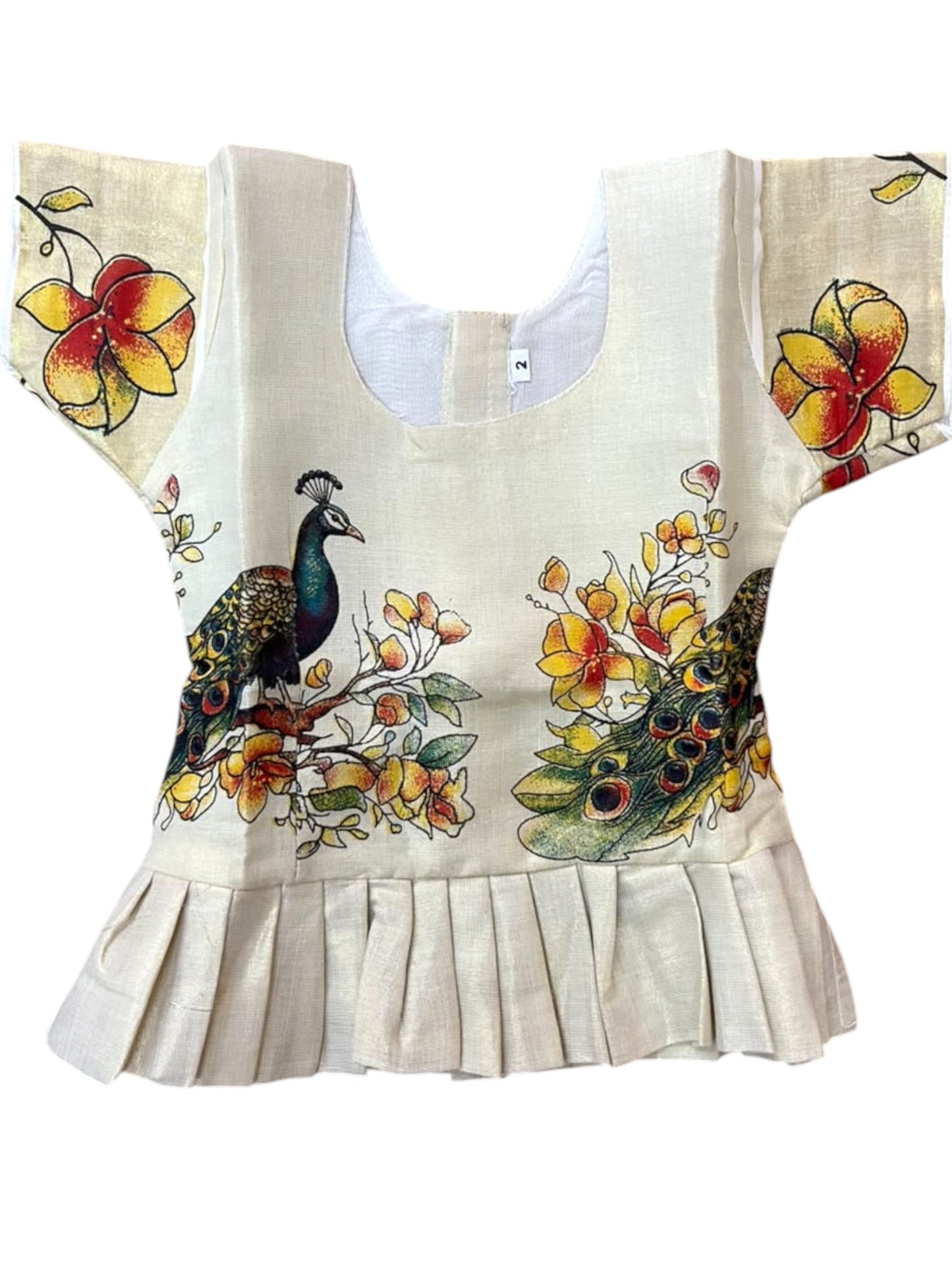 Southloom Kerala Tissue Kasavu Digital Peacock Printed Pavada & Blouse with for Kids