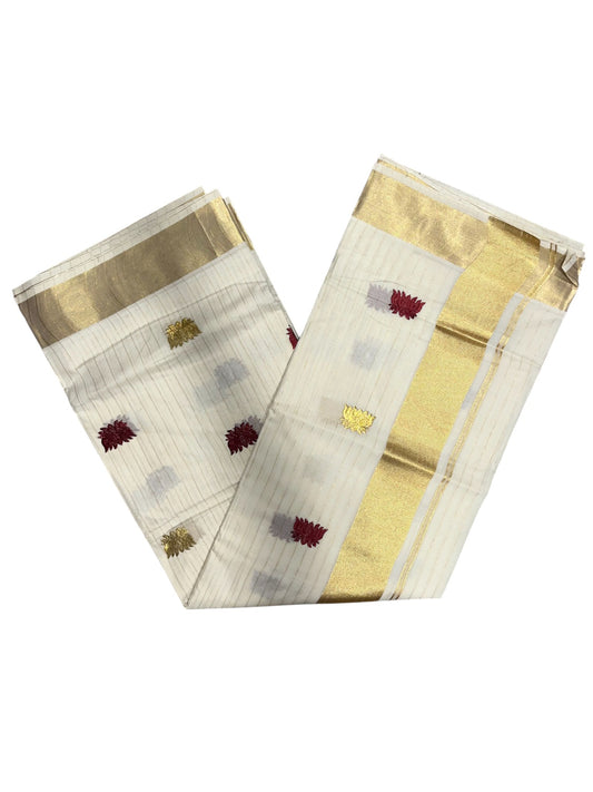 Southloom Kerala Cotton Kasavu Line Saree with Maroon Lotus Embroidery Works