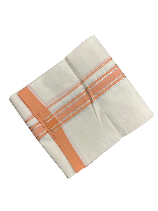 Southloom Kerala Pure Cotton Double Mundu with Silver Lines & Peach Border (South Indian Dhoti)