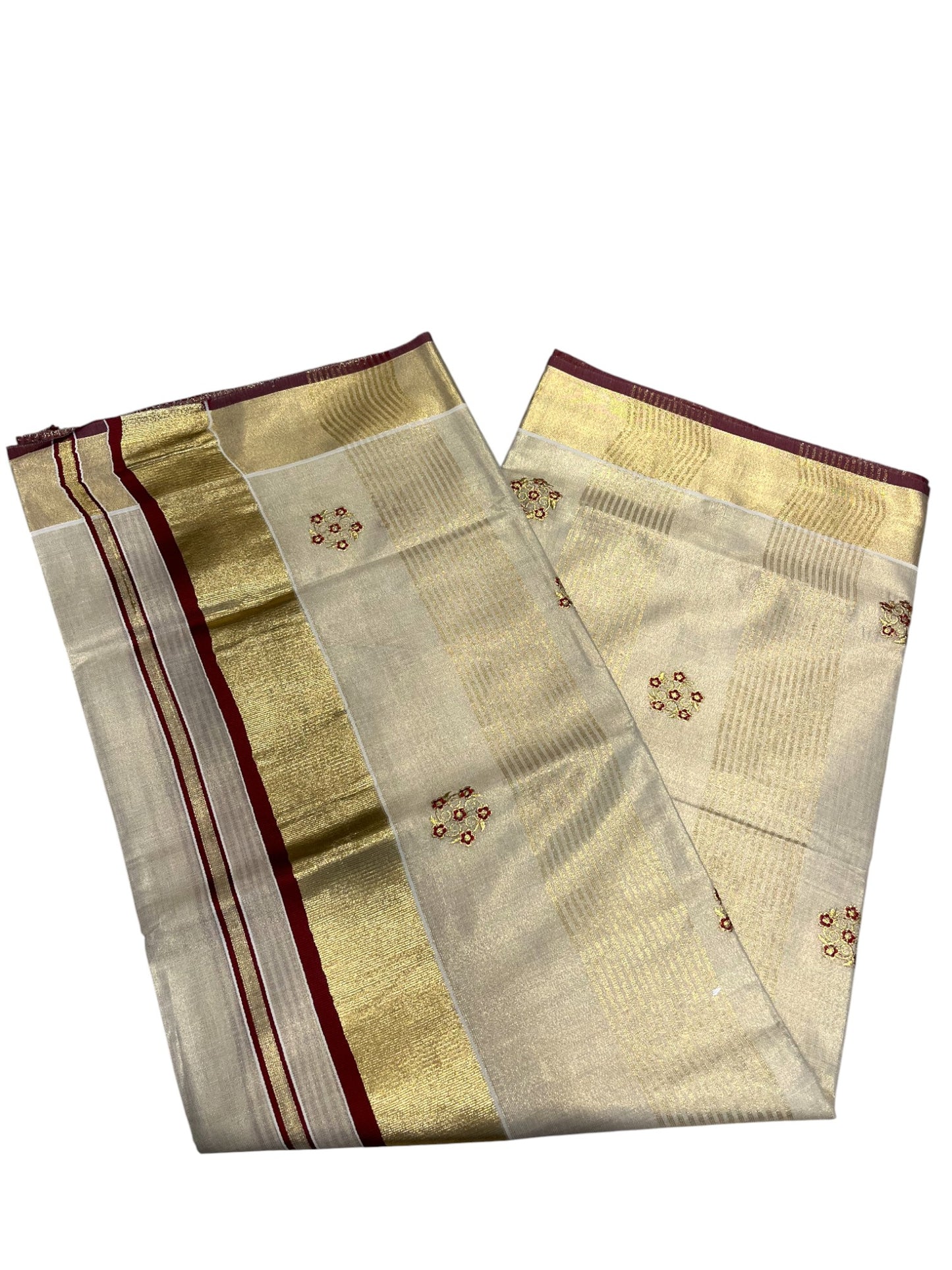Kerala Tissue Kasavu Stripes Saree with Maroon and Gold Embroidery Design on Body