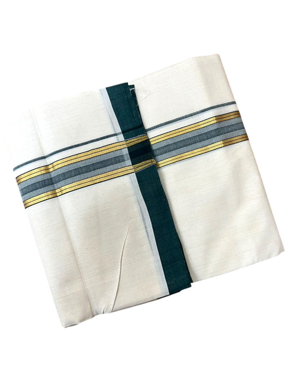 Southloom Balaramapuram Unakkupaavu Premium Handloom Cotton Double Mundu with Gold Kasavu and Green Border