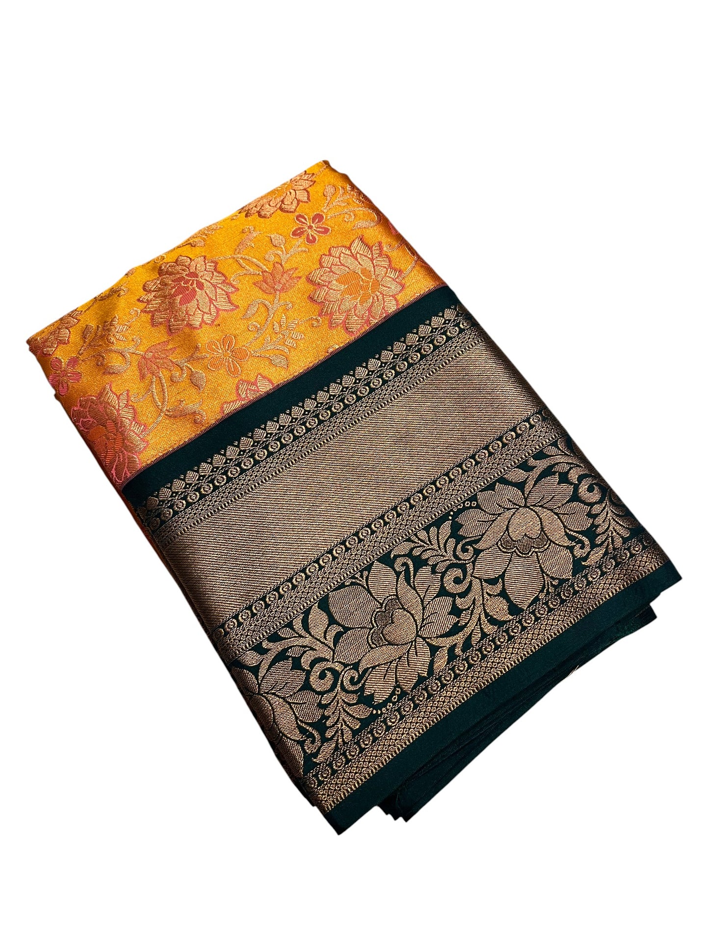 Southloom Banarasi Semi Silk Saree with Floral Zari Work Across Body (Yellow & Green)