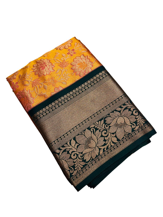 Southloom Banarasi Semi Silk Saree with Floral Zari Work Across Body (Yellow & Green)