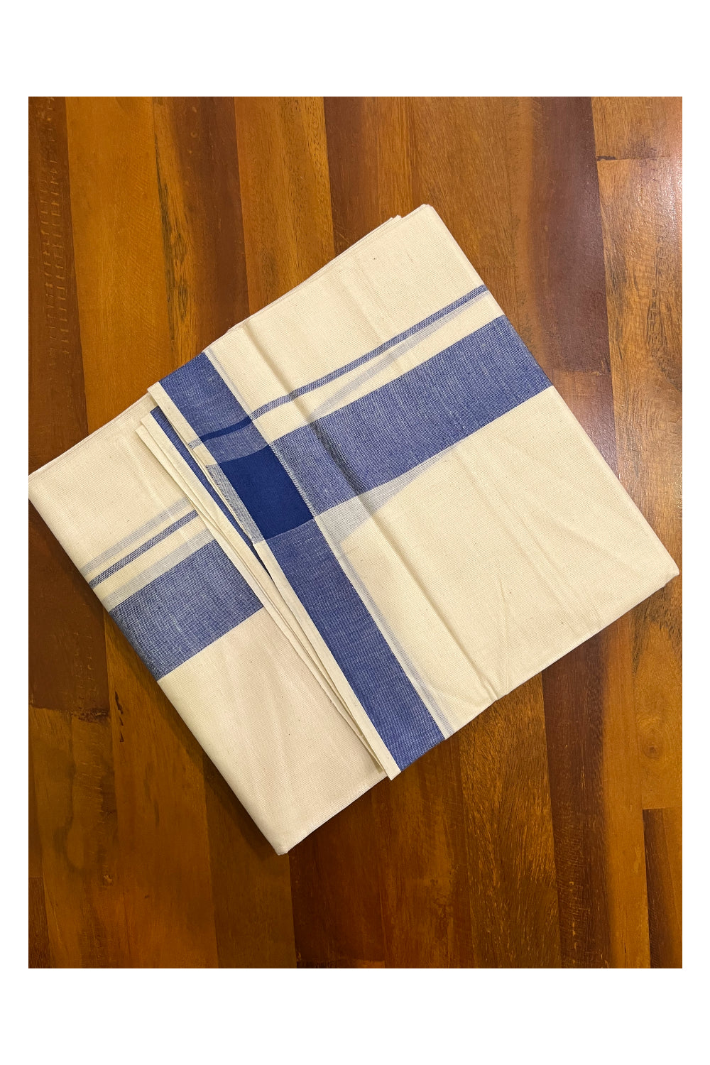 Kerala Pure Cotton Double Mundu with Blue Kara (South Indian Kerala Dhoti)