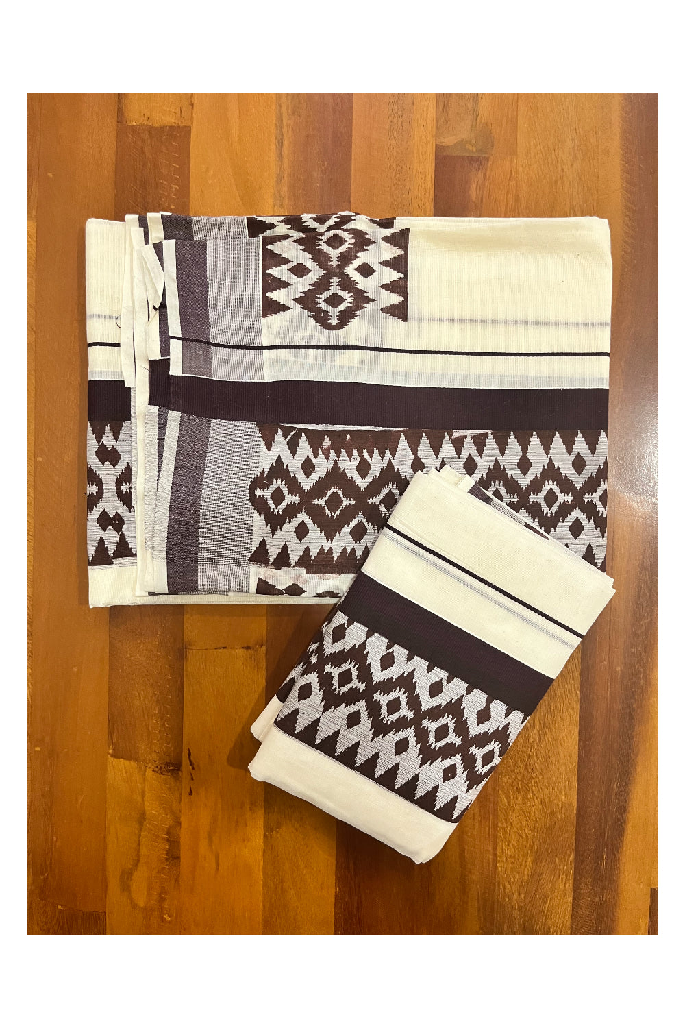 Kerala Cotton Kerala Single Set Mundu with Brown Block Printed Border