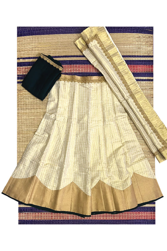 Semi Stitched Premium Tissue Dhavani Set with Check Designs on Body and Deep Green Piping Works
