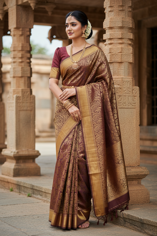 Southloom Brocade Silk Bridal Saree WIth Woven Borders in Bridal Maroon with Matching Pallu