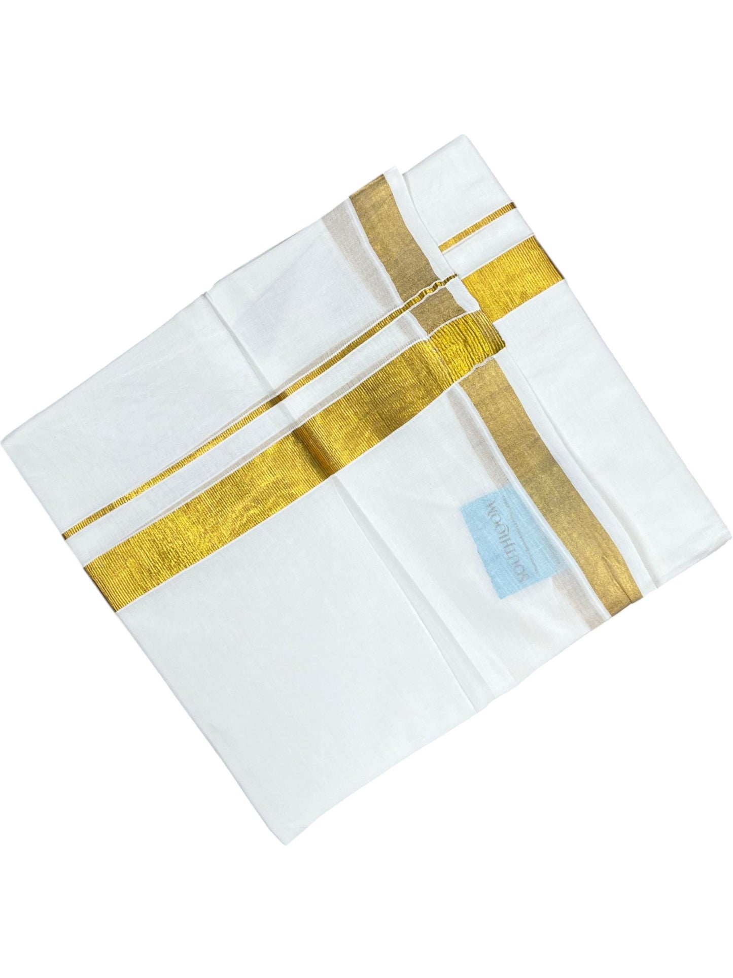 Southloom Pure White Cotton Mundu with Gold Kasavu Border (South Indian Kerala Dhoti)