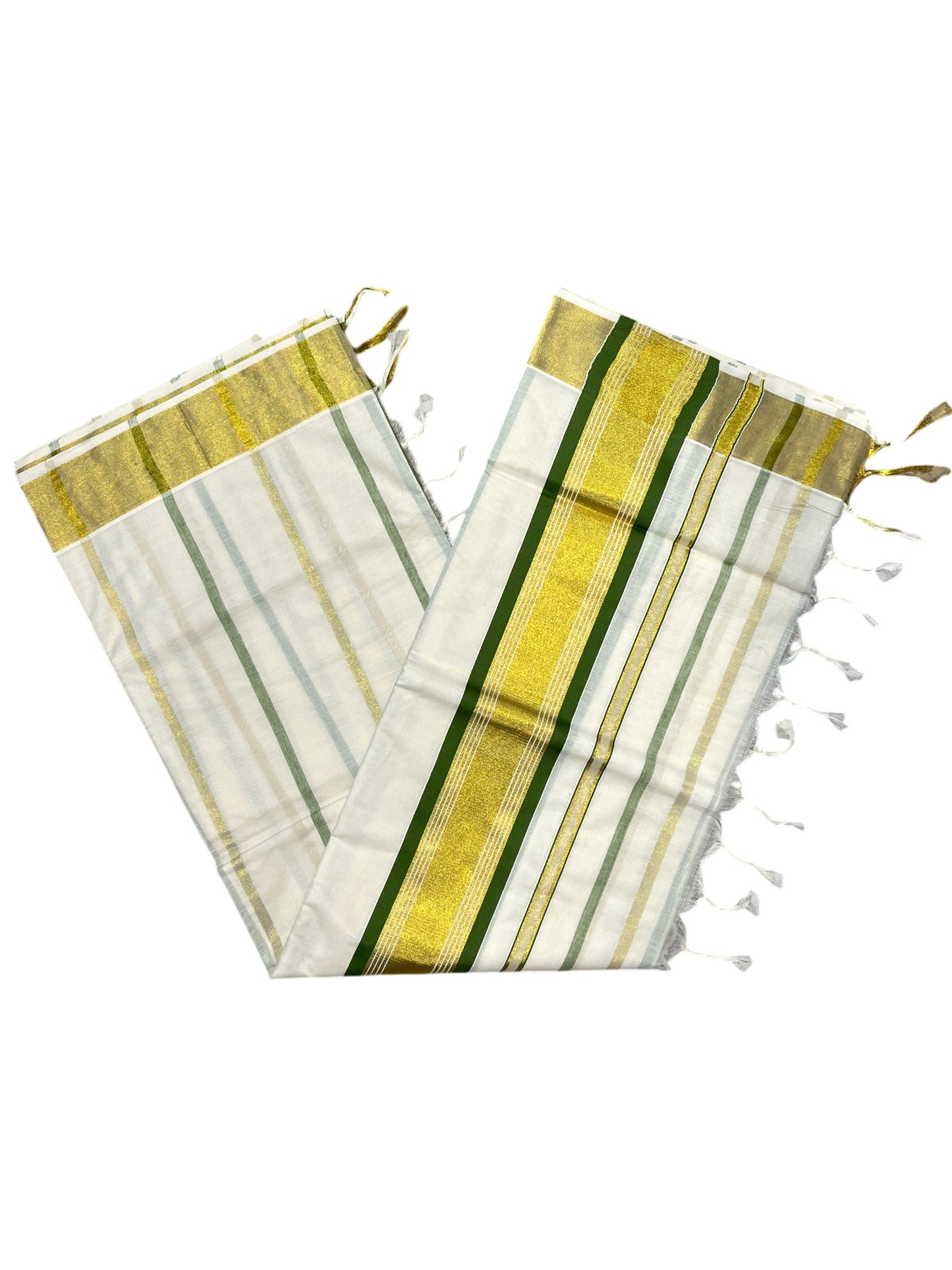 Southloom Kerala Cotton Kasavu Saree with Gold And Olive Green Lines on Body