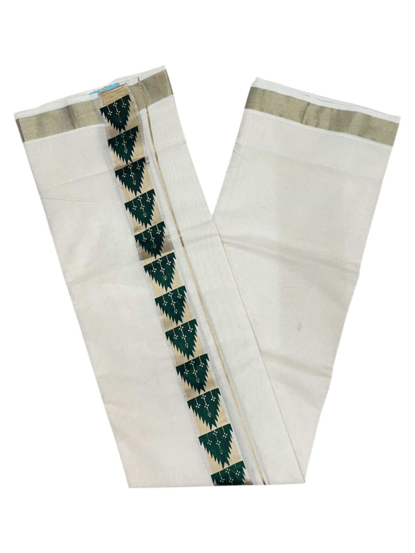 southloom Pure Cotton Double Mundu with Block Prints on Green Border (South Indian Dhoti)SL613